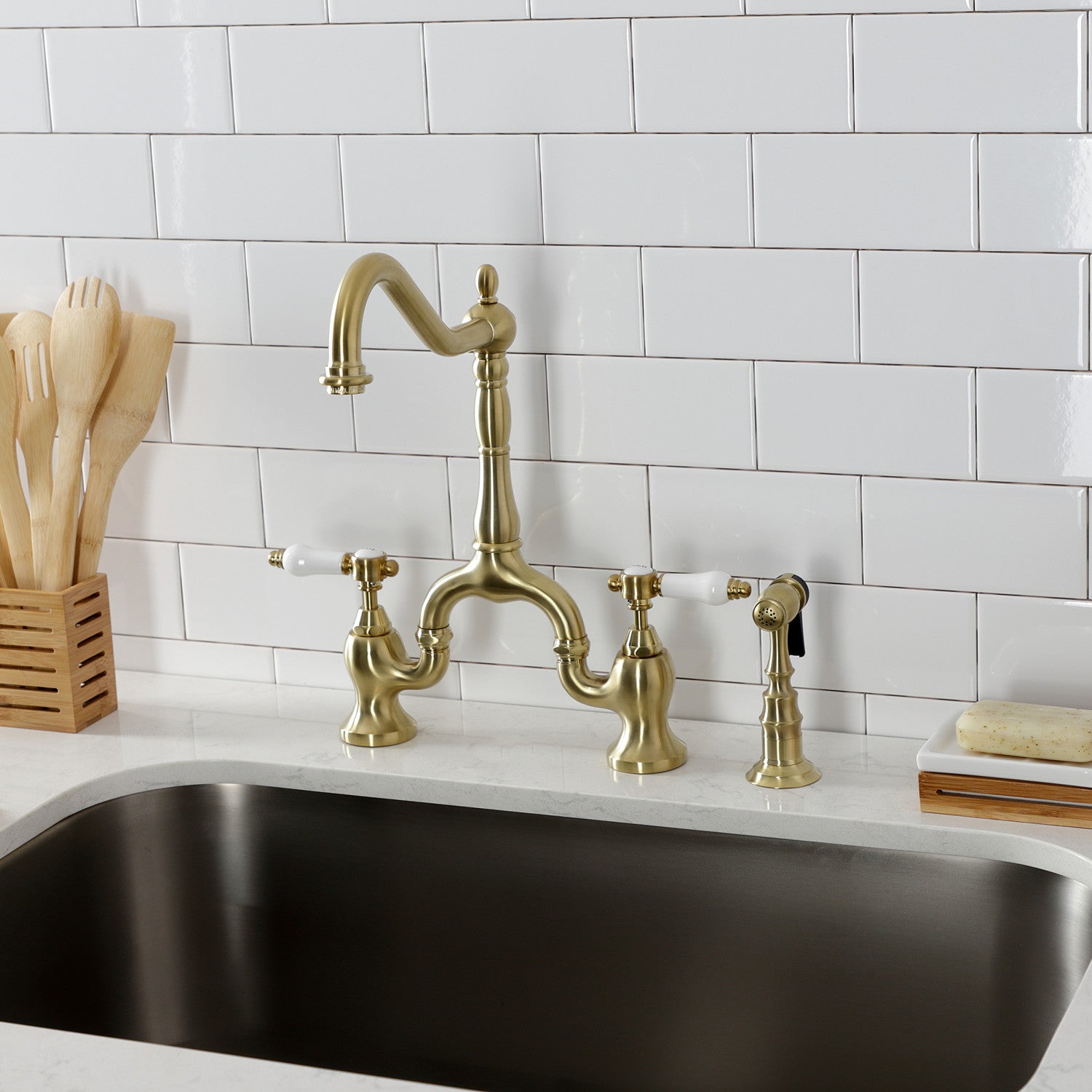 Kingston Heirloom KS7757BPLBS - Bel-Air Two-Handle 3-Hole Deck Mount Bridge Kitchen Faucet with Brass Sprayer, Brushed Brass — thumbnail 2